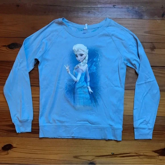 Disney Light Blue Frozen Reversible Cotton Sweater, EUC, L - Picture 1 of 12
